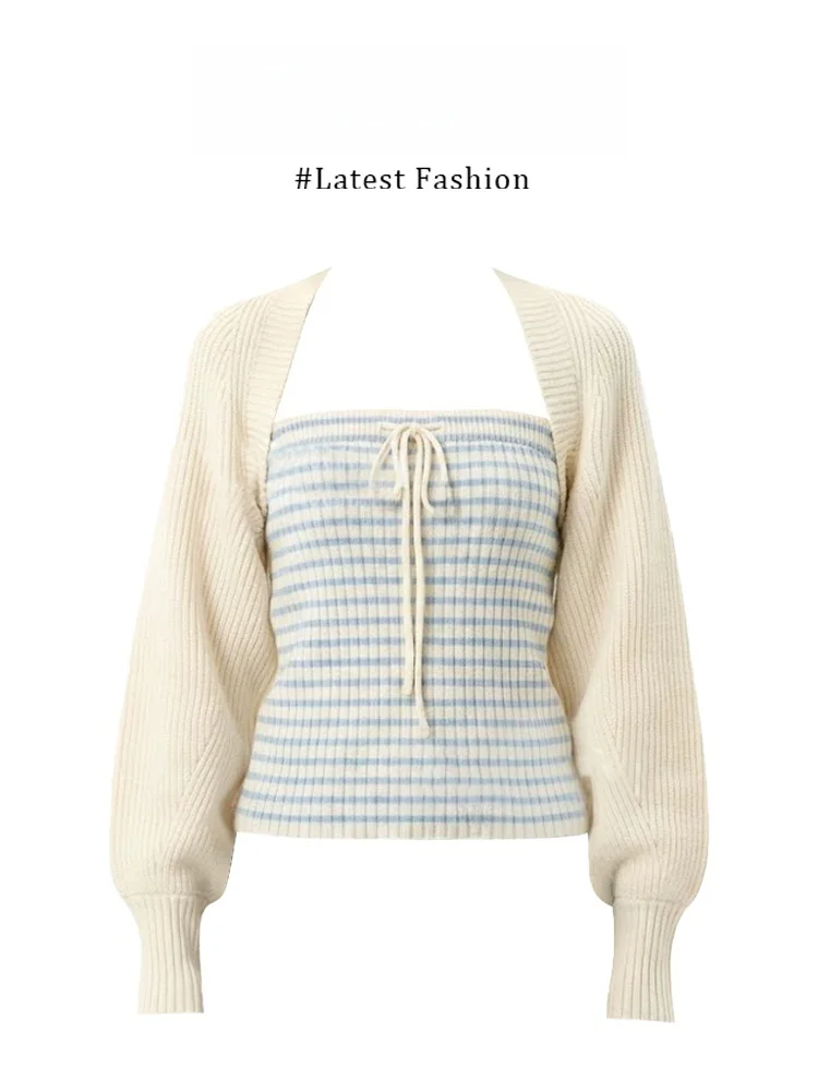 Parkyeon Spring Knitted Stripe Crop Top And White Short Skirt Set Women's Fashion Casual Style Two-Piece Suit Korean Pure Desire - view 2