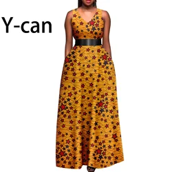 African Print Dress for Women Sleeveless V-neck Maxi Skirt Dashiki Traditional Clothing Floor-length for Ladies Causal Y2325087