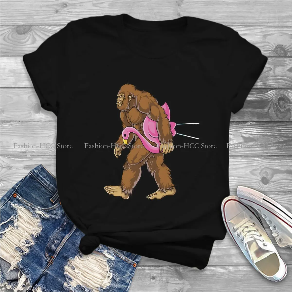 Flamingo Animals Polyester TShirt for Women Bigfoot Carrying Lawn Sasquatch Tees Soft Leisure Tee T Shirt Novelty Trendy