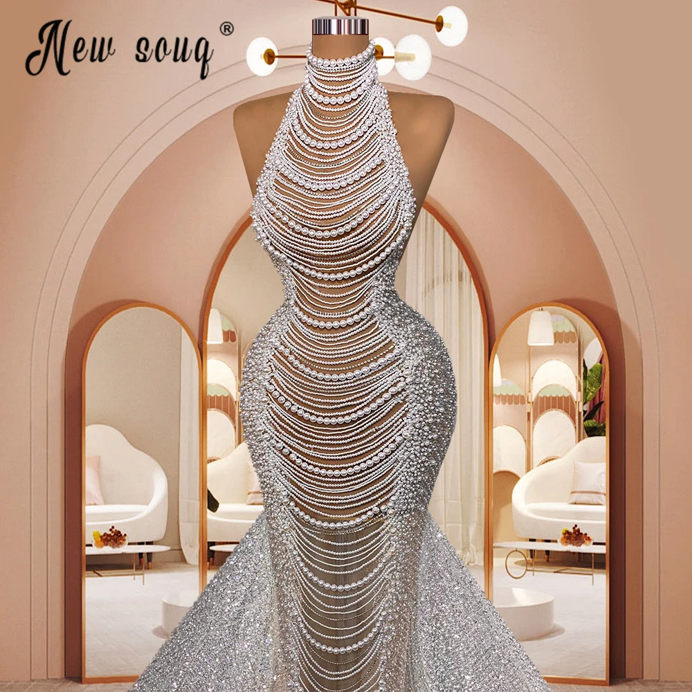 Luxurious Wedding Dress With Pearls Dubai Sparkle Mermaid Sleeveless High Neck Bridal Gowns White Bride Robes Customized