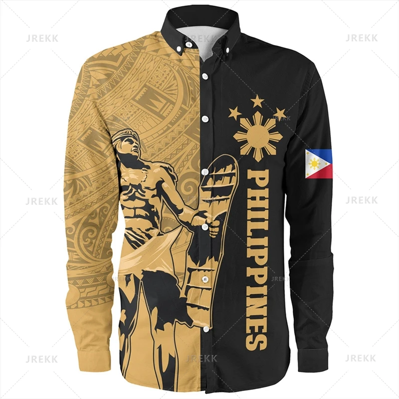 

Small Size 3D Philippines Emblem Printed Long Sleeve Shirts Philippines Tribal Patterns Graphic Shirts Blouses Men Vintage Shirt