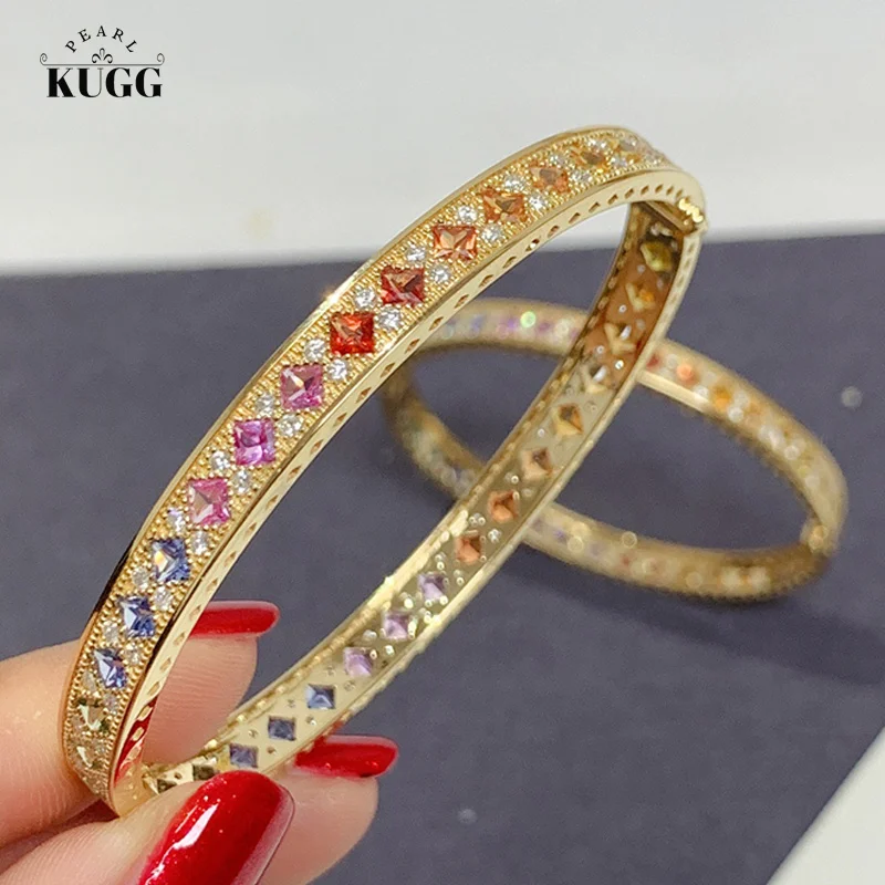 KUGG 100% 18K Yellow Gold Bangle Vintage Palace Style Luxury Diamond Natural Color Sapphire Bangle for Women Senior Banquet