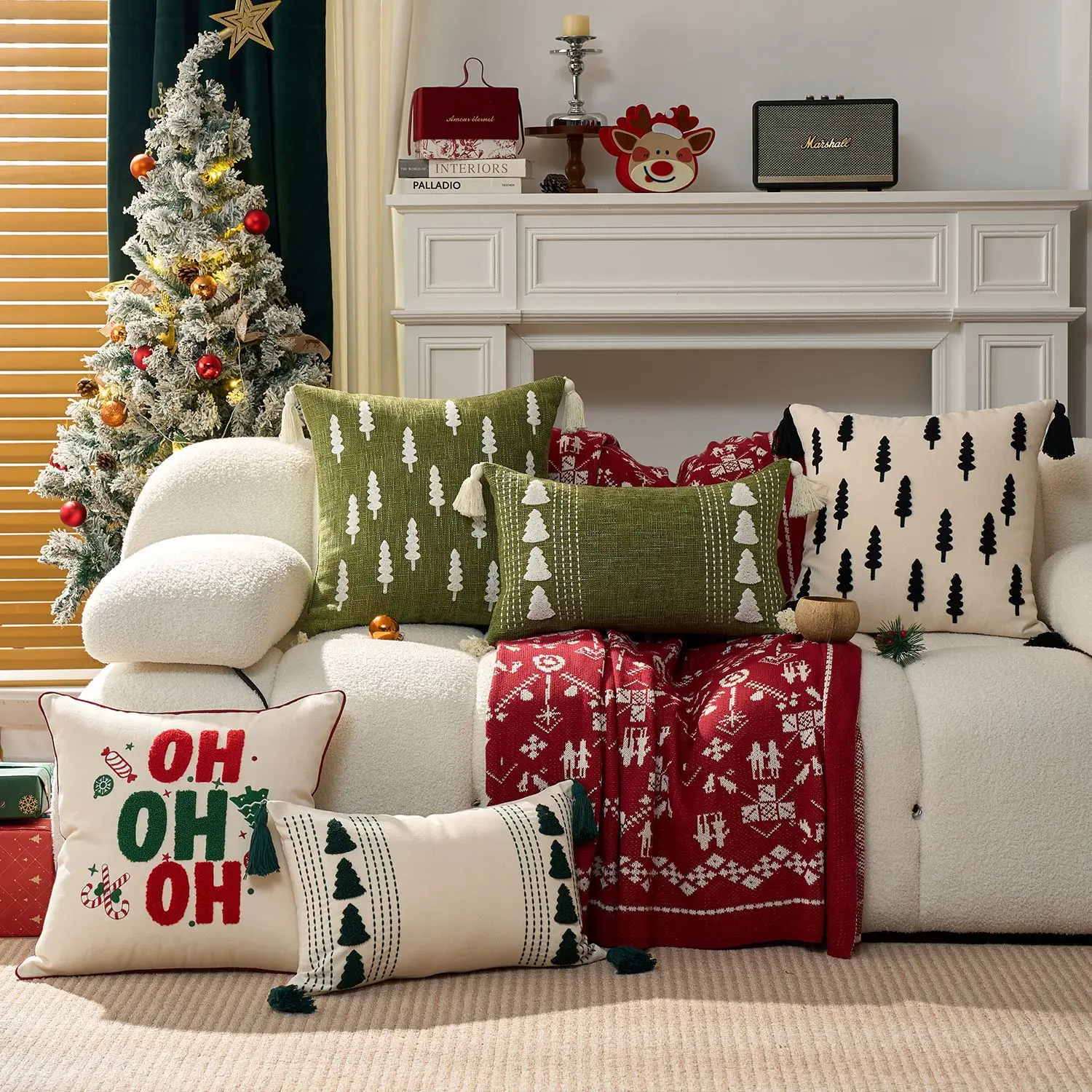 1 Stück schwarz-weißer Weihnachtsbaum bestickter Leinwand-Kissenbezug mit hängendem Ohr-Design, dekorativer Kissenbezug für Ferienhaus