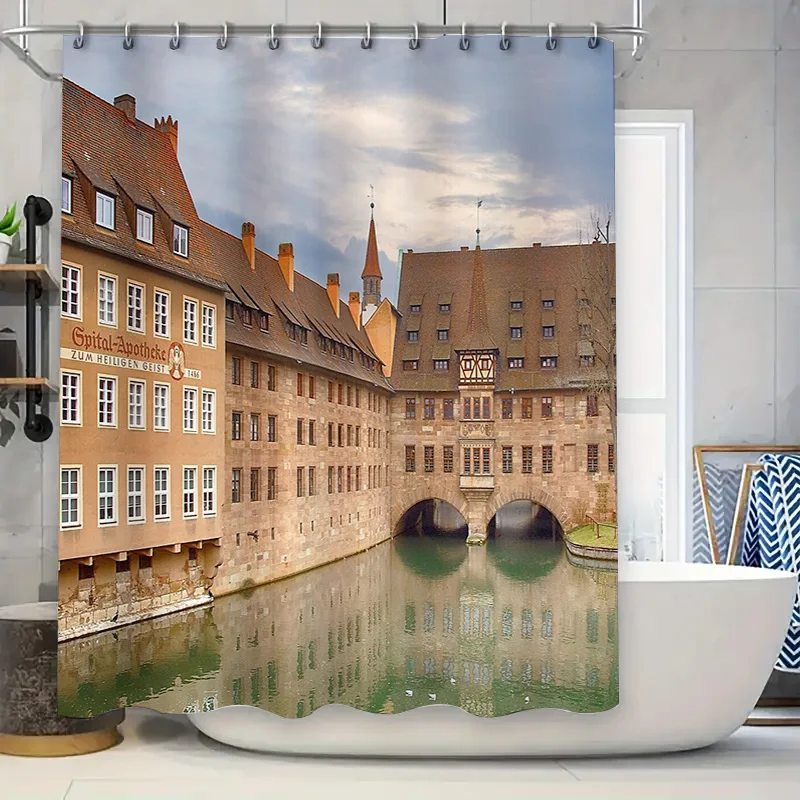 

Винтажная занавеска для ванны в немецком деревне, замок Heidelberg, занавеска для душа, деревенский декор фермерского дома, европейское путешествие, настенное искусство, живописный дом