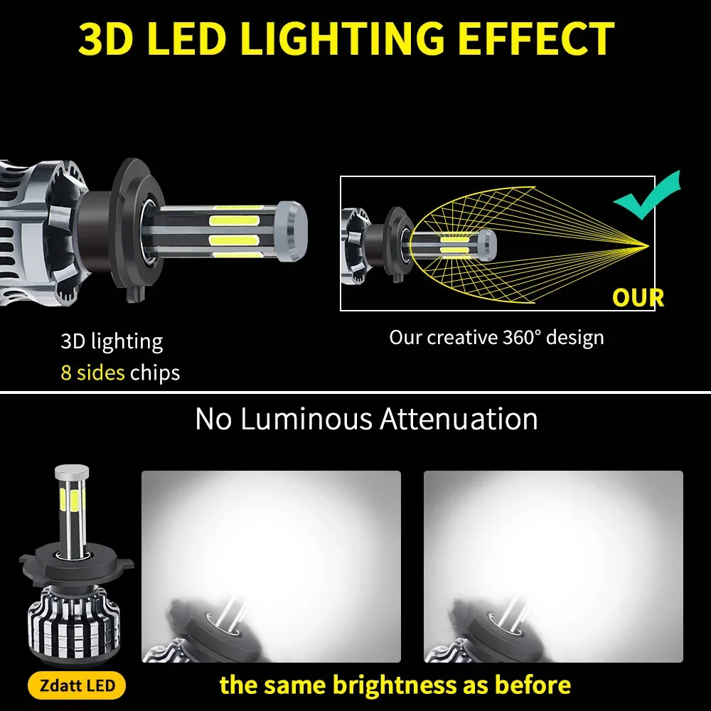 2PCS 6 Sides LED Car Headlight 3000K 6000K 8000K H11 H4 H7 H1 H3 9004 9005 9006 3D 360 Degree Auto LED Fog Light HB3 HB4 880