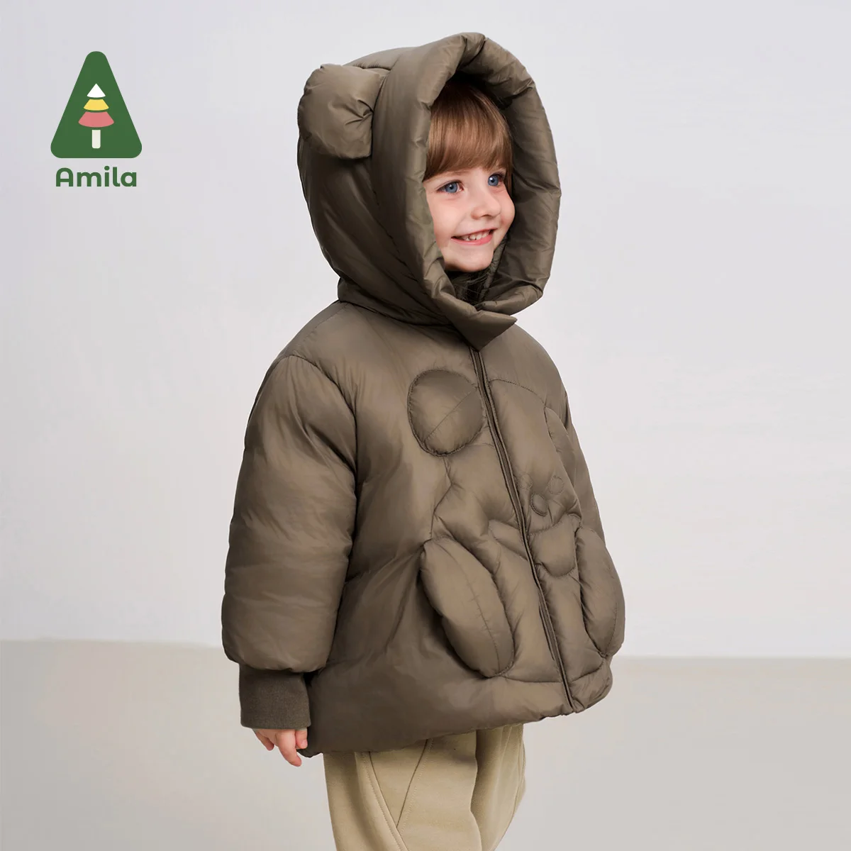 Amila Baby Down Jacket 2024 Winter New Style Boys And Girls Solid Color Bear Hooded Basic Warm Loose Casual Children’s Jacket