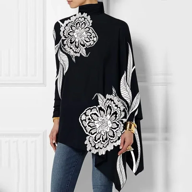 Gymystars Batwing Sleeves T-Shirts Printed Base Layer New Fashion Black Asymmetric Loose High Neck Tops Female Autumn Clothing