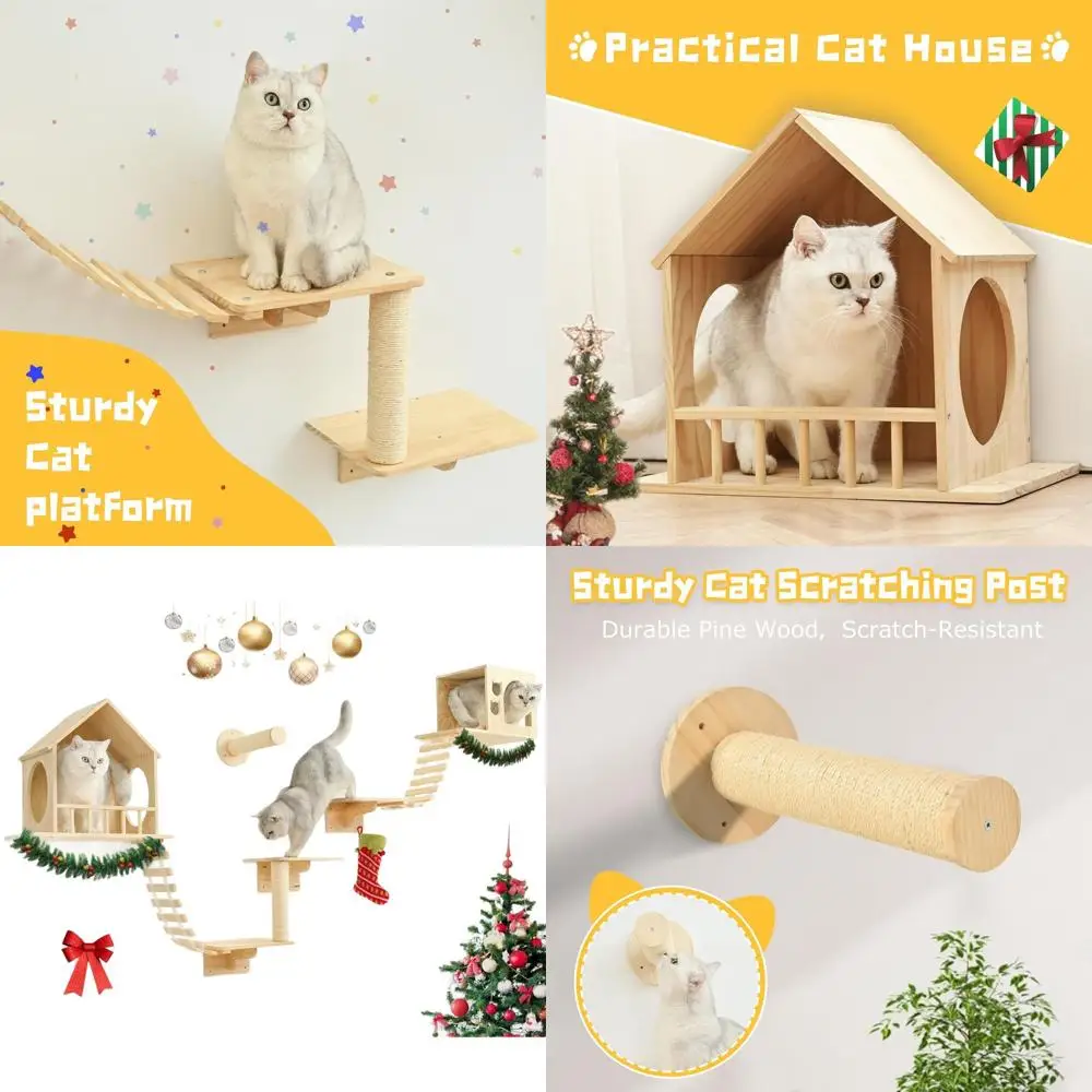 

9-Piece Cat Wall Shelf Set with 2 Wooden Perches, Large Cat Climbing and Scratching Wall Mount Furniture, Space-Saving Activity