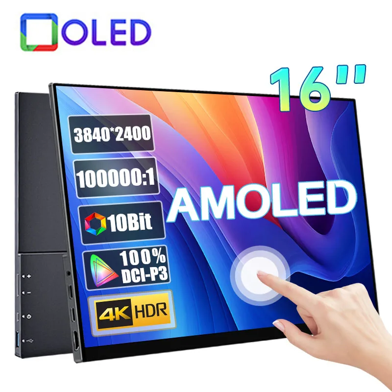 16 Inch 4K AMOLED Touch Screen Portable Monitor 3840*2400P 100%DCI-P3 500Nit 10Bit 100000:1 Display For PC Laptop Phone PS5 Xbox