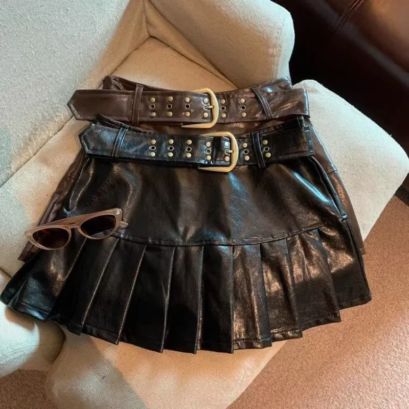 Short Skirt Autumn and Winter New American Retro Spice Girl Slim PU Pleated Pleated Skirt Good-looking High Waist Leather Skirt