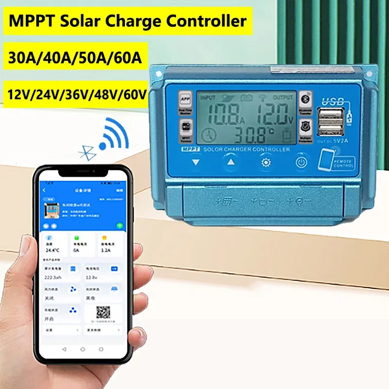 30A/40A/50/A/60A Bluetooth Solar Controller Dual USB LCD Display 12V/24V/36V/48V/60V MPPT Solar Panel Battery Charge Controller