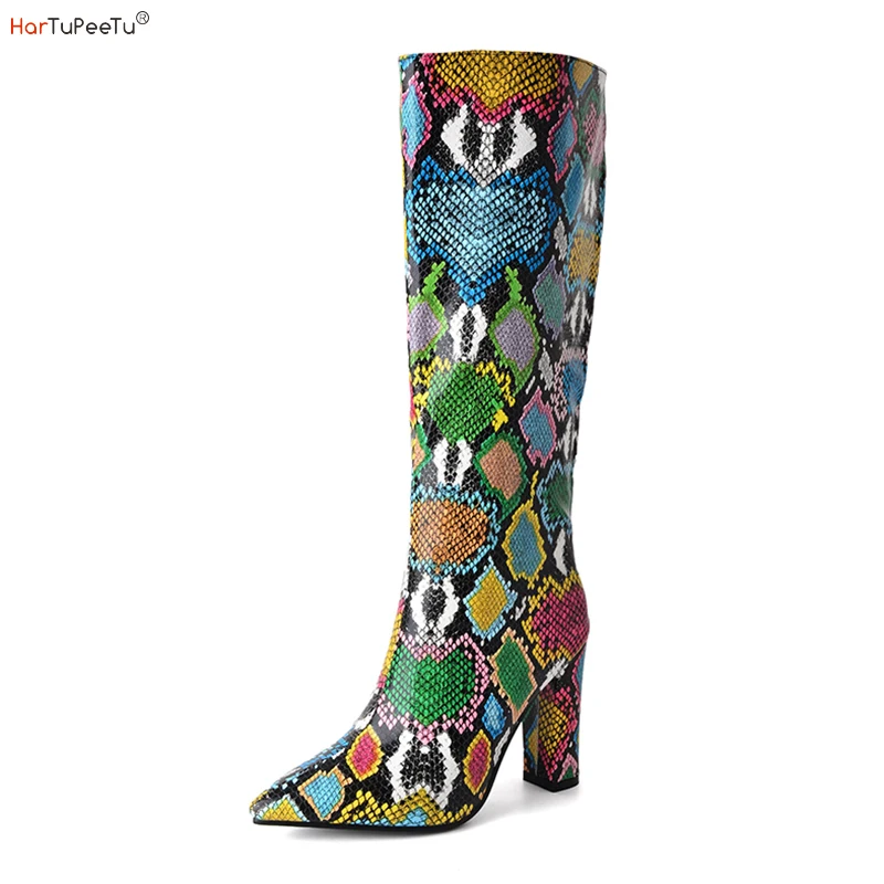 

Women's Colorful Snakeskin Knee High Tall Boot Chunky Block High Heels Snake Print Pointed Toe Slouch Shoes