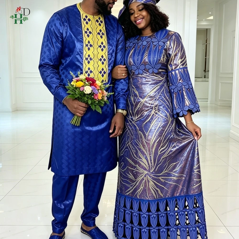 H&D Dashiki African Dresses for Women Matching Couple Clothes Wedding Party Men Outfits Kaftan Shirt Pant 2pcs Sets Bazin Riche