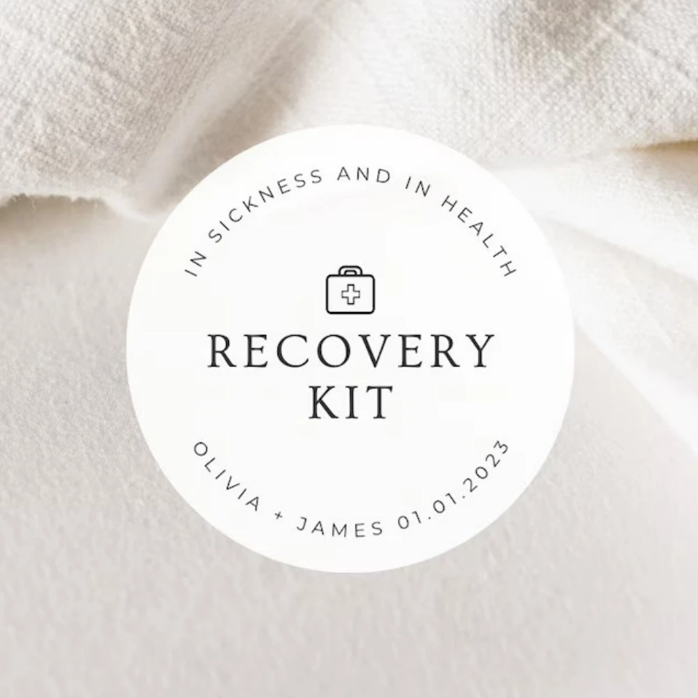 

Custom Wedding Weekend Recovery Kit Labels | Round White Matte Stickers | Wedding Hotel First Aid Hangover Kit Stickers