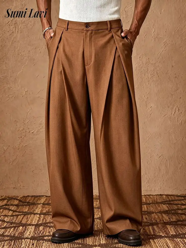 Office Business Pleated Long Pants Mens Stylish Solid Color Straight Bottoms Men 2026 Autumn Casual Loose Trousers