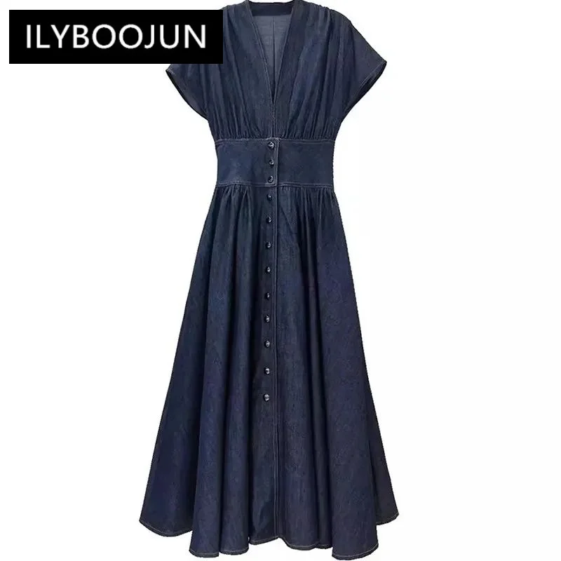 ILYBOOJUN Fashion Designer Spring Summer women\'s Cotton Short Sleeve Single-Breasted Folds Streetwear Dark Blue Denim Dresses