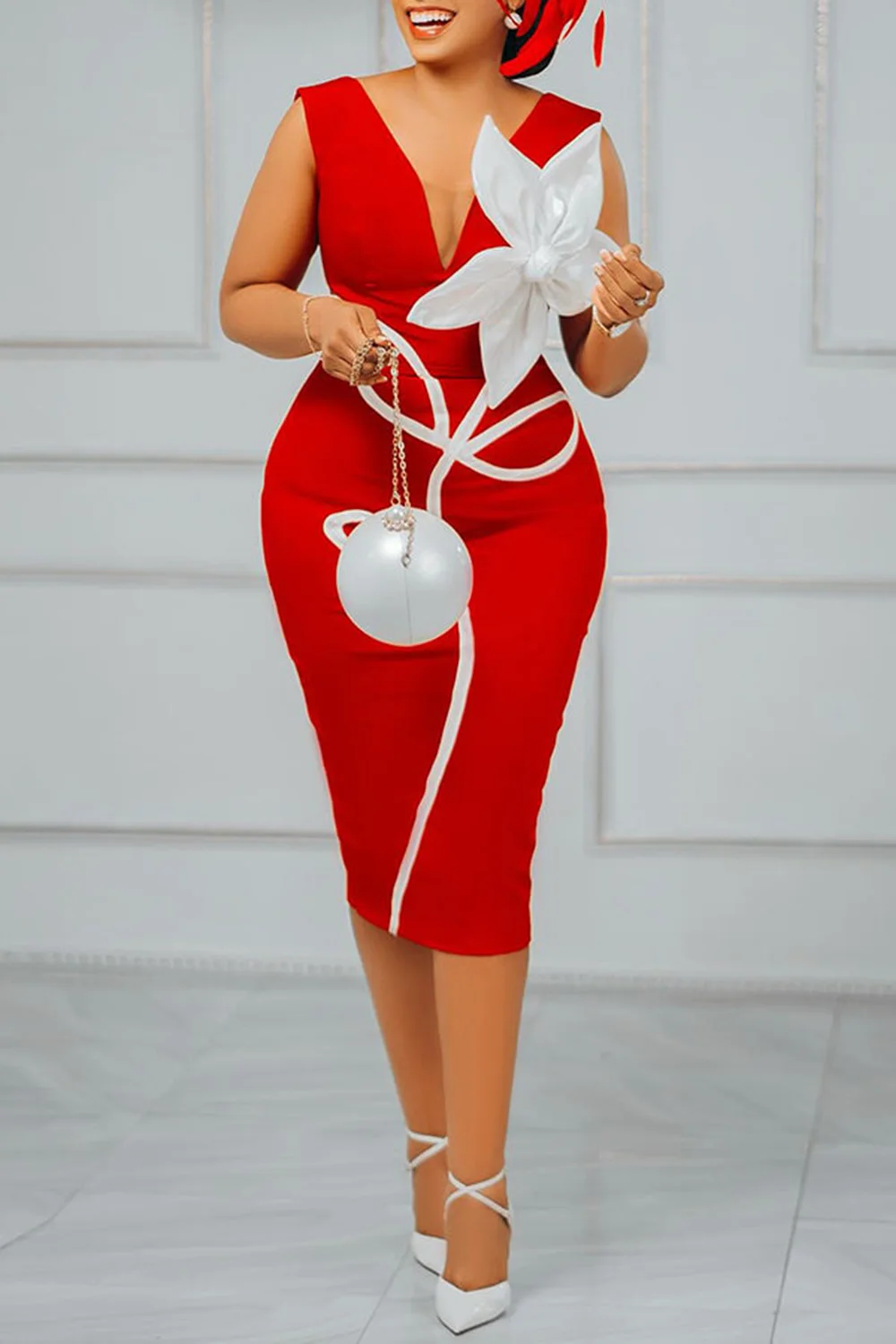 

Plus Size Cocktail Party Red Elegant Round Neck 3D Bodycon Midi Dresses