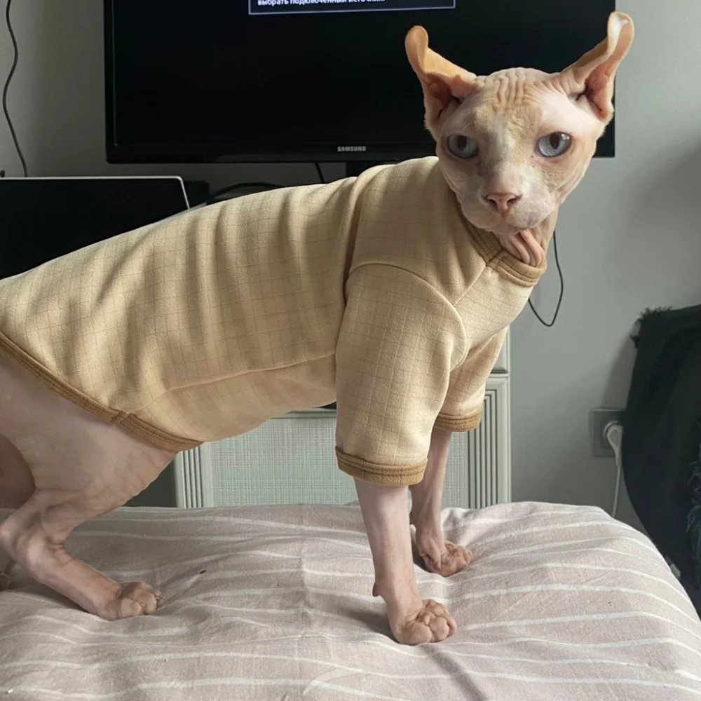 Khaki Plaid Cotton Coat for Sphynx Cat Soft Undershirt for Hairless Cat in Winter Long-sleeves Warm Coat for Kittens Devon Rex
