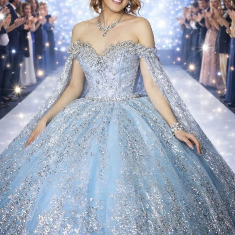 

Shiny Light Blue Quinceanera Dress off-shoulder Glitter Crystal Decal Lace Long tail Vestidos De 15 Quinceanera ﻿Customize