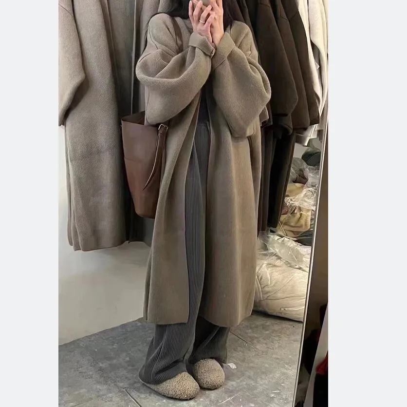 Sueter Mujer Invierno 2024 Korean Style Loose Cardigan V Neck Solid Color Long Version Sweater Women Fall Winter New Outcoat