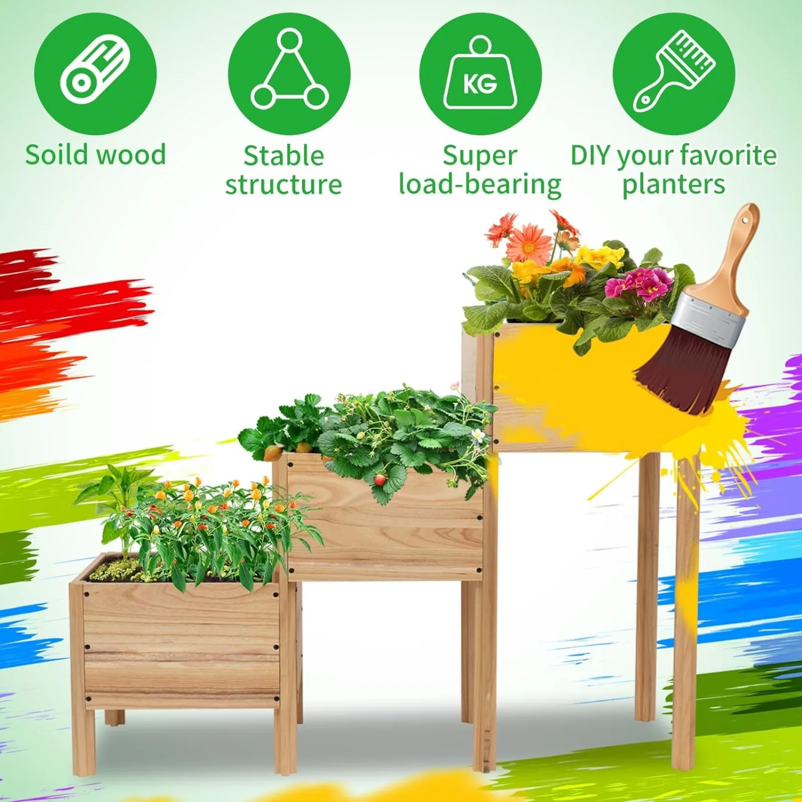 USAulock 3-Tiered Wooden Raised Garden Bed - Adjustable Raised Planter Boxes, Large Space