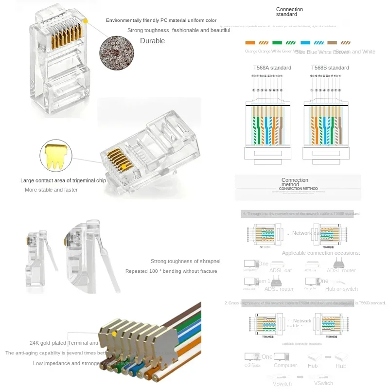 Cat5 RJ45 connector Cat5E 8P8C modular Ethernet cable head plug gold-plated Cat5 crimping network RJ45 connector (100 pieces)