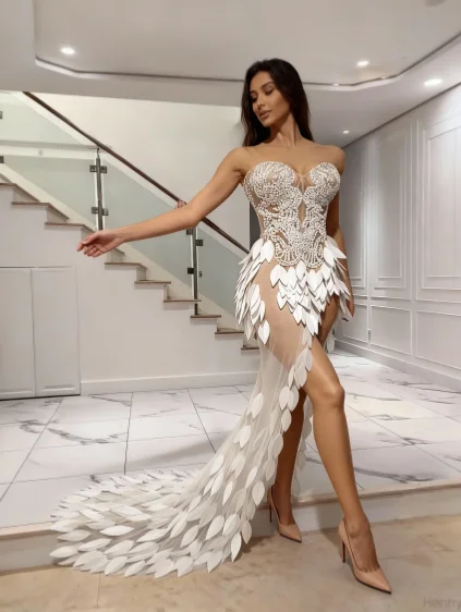 

Hailuo Gorgeous Mermaid Prom Dresses Sexy Off-Shoulder Illusion Shining Sequins Beads Pearls Court Ball Gown White Party Dresses