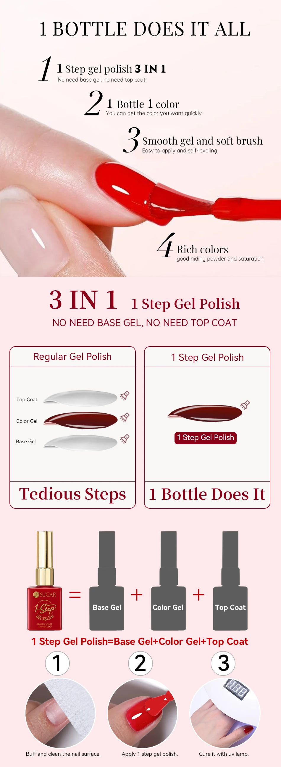 UR SUGAR 15 ml 1-Stufen-Gel-Nagellack, 3-in-1, rot, rosa, glänzend, zum Einweichen von LED-UV-Gel-Nagellack, kein Basisgel und Decklack erforderlich – Detail 4