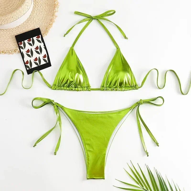 Sexy Verde Lucido Micro Bikini Perizoma Costume Da Bagno Delle Donne Mini String Halter Triangolo Costumi Da Bagno Costume Da Bagno Rosa Bikini Set 2024 Mujer