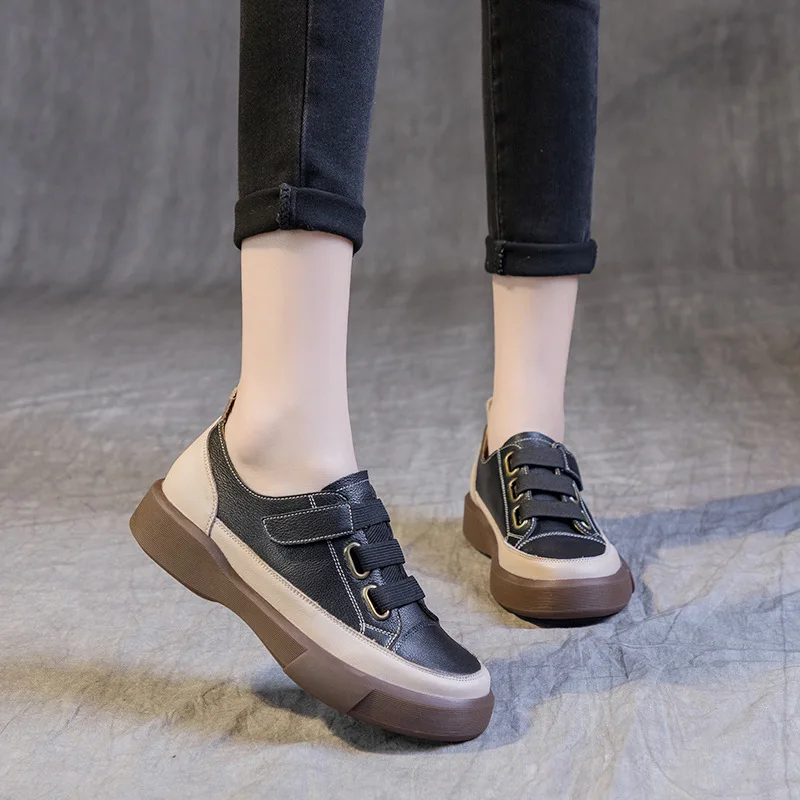 2023 New Spring, Summer and Autumn Oversized Retro Cowhide Single Shoes Women\'s Flat Round Toe Soft Bottom Low-top Shoes