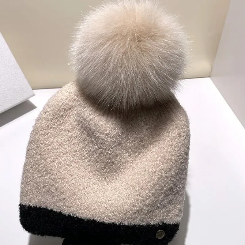 Real Fox Fur pom poms ball Skullies Beanies Keep Warm Winter Hat for Women Child Girl 's Wool Hat Knitted cap thick female cap