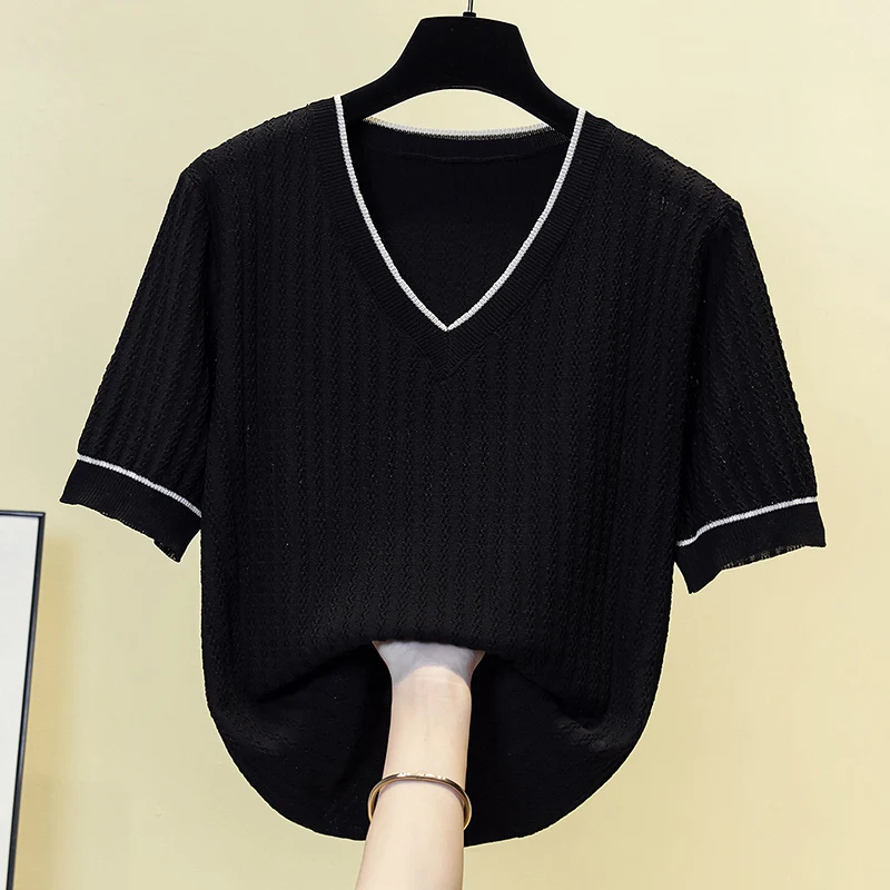 Vintage Knit Sweater T-shirt Women 2024 Summer Striped Elegant Fashion Ladies Knitwear Tee Short Sleeve O-neck Jumper Y2k Top