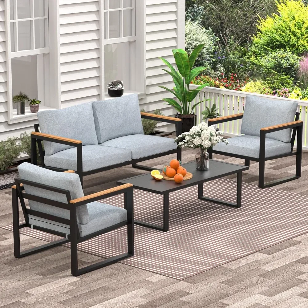 Furniture Table Set,4 Pieces Outdoor Patio  Metal Patio Conversation Sets Washable and High-Resiliency Sponge Cushions