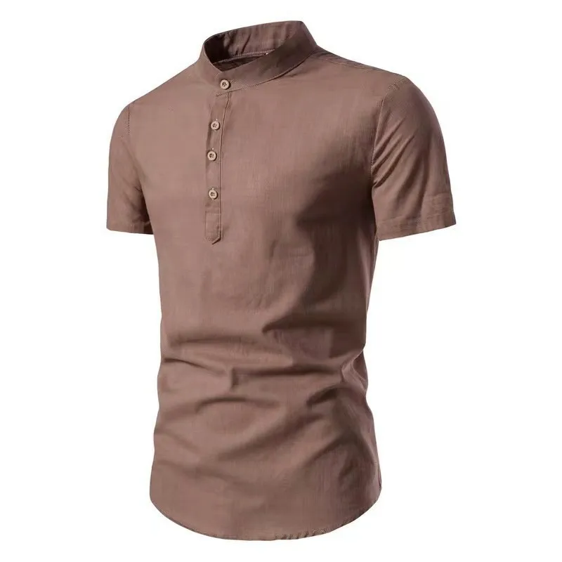 Men\'s casual short-sleeved stand-up collar vintage solid color shirt