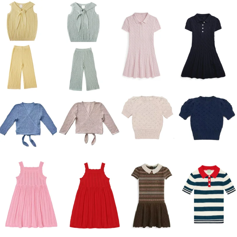 

Girls' Dress 2026 Spring/Summer New Pink Fashion Knitted Dress Cotton Cute Bow Girls' Short sleeved Long sleeved Knitted Sweater