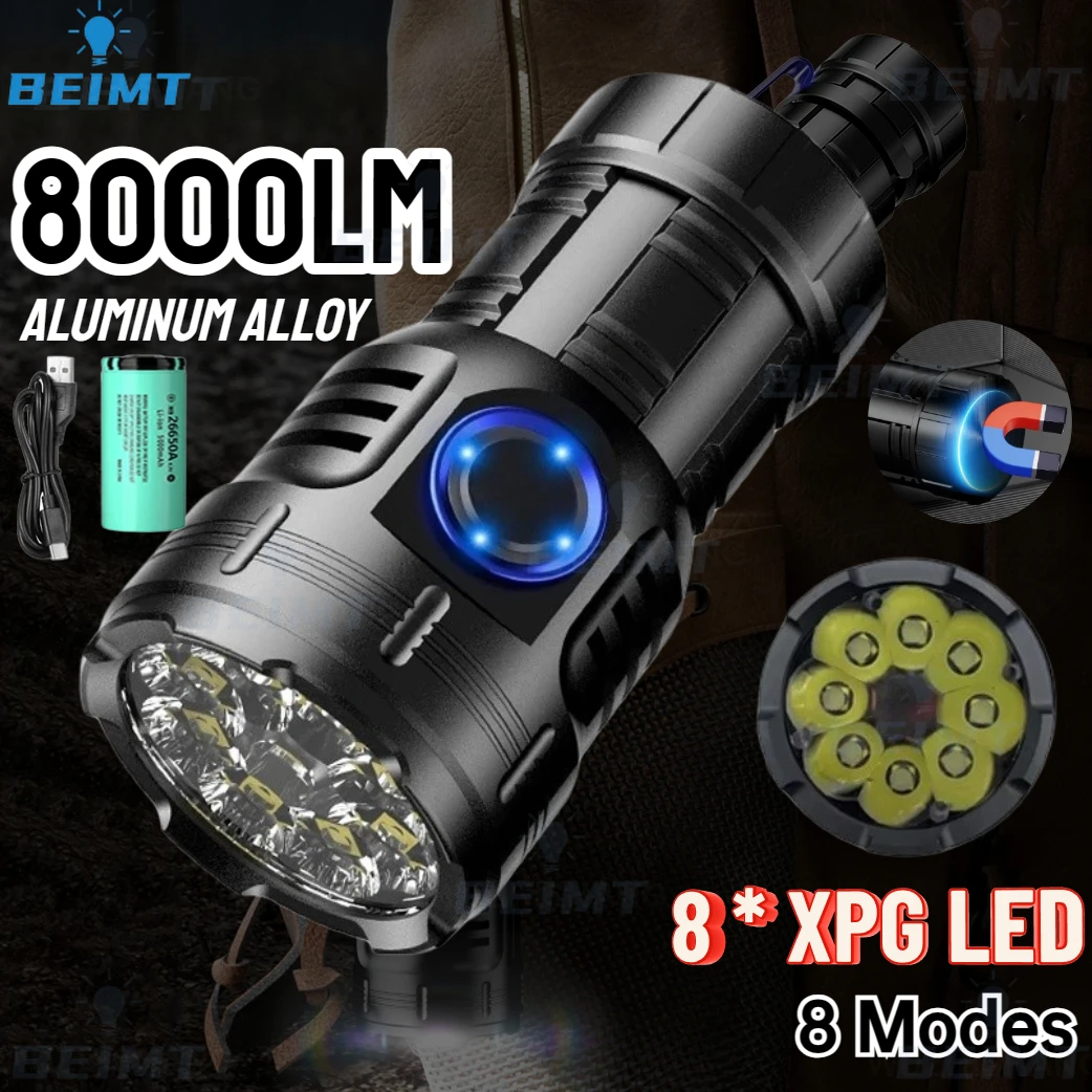 

8000LM High Power LED Mini Flashlight USB Rechargeable with 8 * XPG Beads Tail Magnet Clip Torch Waterproof Portable Lighting