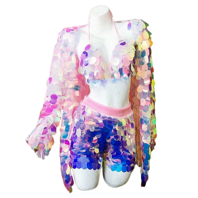Club fiesta espectáculo música Festival Rave trajes rosa púrpura lentejuelas sujetador pantalones cortos abrigo 3 piezas club nocturno cantante brillo traje de escenario