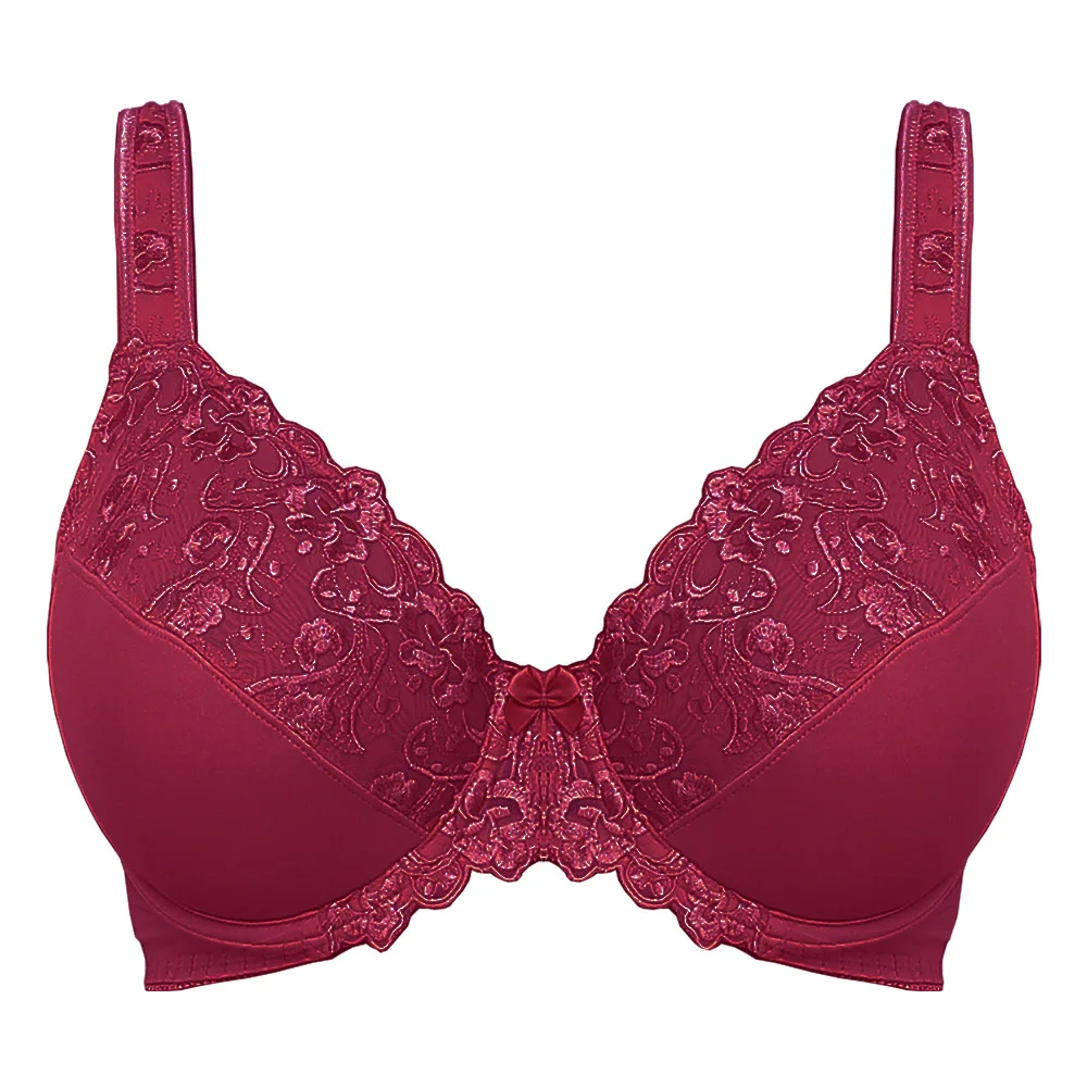 Embroidery Minimizer Bra For Women Full Coverage Non-Padded Underwire Sexy Lace Thin Plus Size Bra D E F G H I Cup Wine red Nude