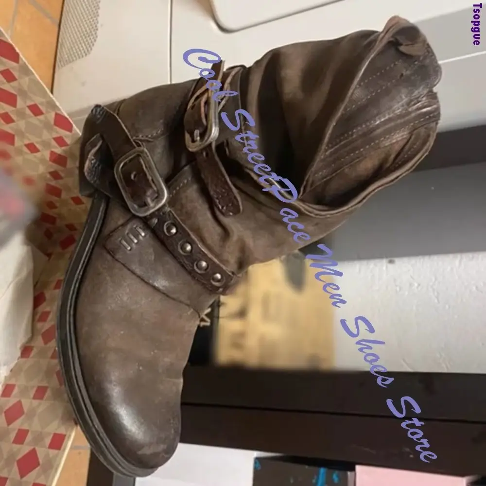 American Vintage Slouch Biker Boots Men Distressed Brown Leather Double Buckle Rivets Decor Low Heel Cool Gothic Mid Calf Boots