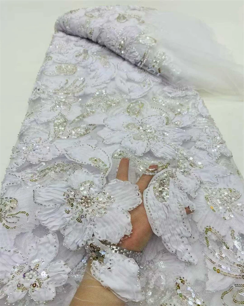 

High Quality African Sequins Tulle Embroidered Groom Lace Fabric Beaded Sequins Lace Fabric For Nigerian Wedding
