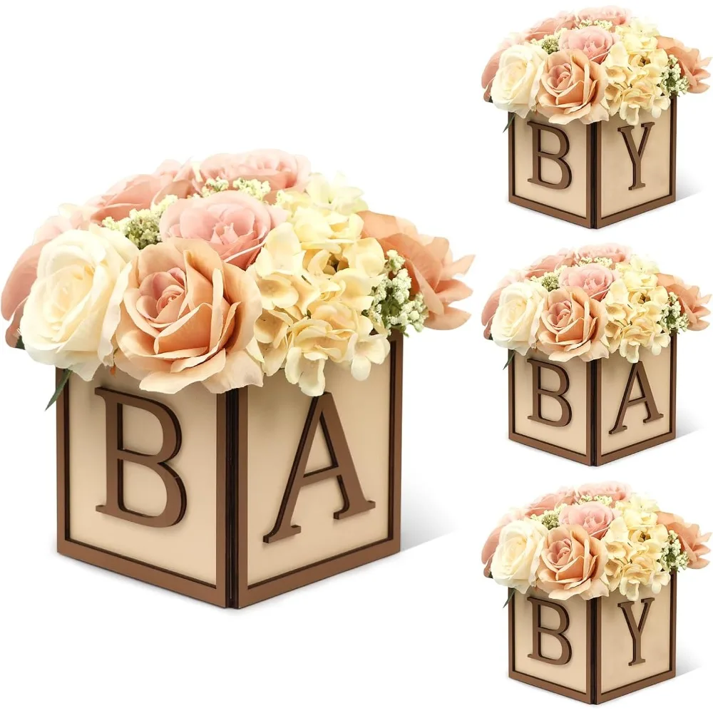 Juego de 4 centros de mesa para baby shower para mesas, cajas de madera de 6 pulgadas con letras para bebé, macetero de cubo rústico, bloques de madera para niño y niña g