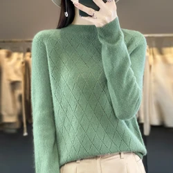 Women Autumn Winter 100% Pure Merino Wool Sweater Half-high Collar Seamless Argyled Grid Pullover Cashmere Knitwear Female Top