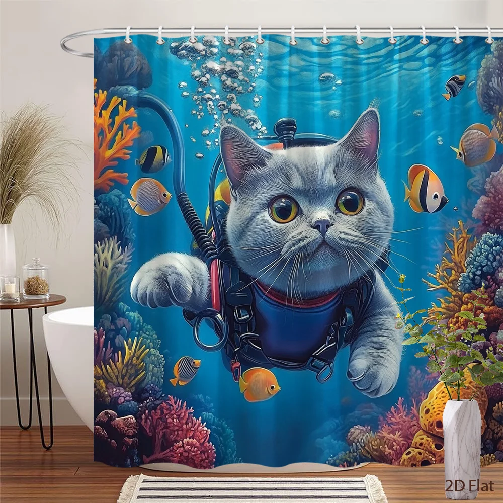 

Cute Cat Scuba Shower Curtain Underwater Ocean Life Novelty Bath Liner Tropical Marine Aquatic Pet Bathroom Decor