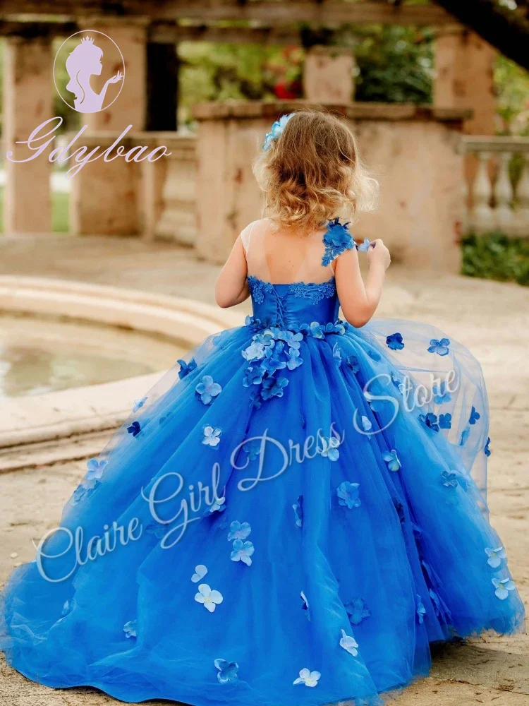 Vestidos de niña de flores moradas para boda, apliques de flores 3D, encaje sin espalda, tul, fiesta de cumpleaños para niños, vestido de baile de primer comunitario