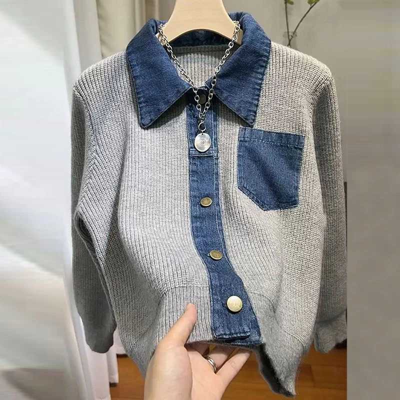 Women\'s Trendy Vintage Denim Patchwork Single Breasted Knitted Cardigan Autumn Casual Long Sleeve Loose Chic Pocket Sweater Coat