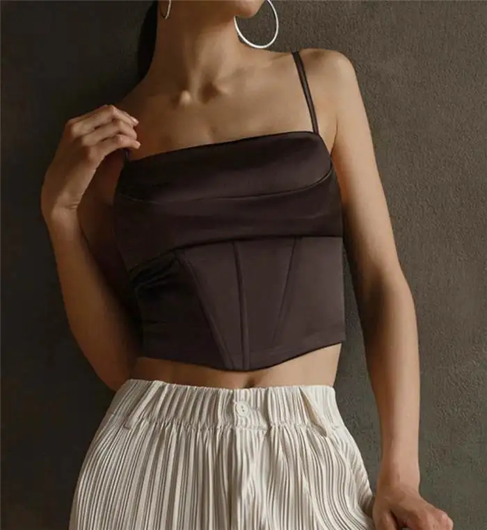 レディース クロップド タンクトップ ストリート スリムフィット カラー サマー カジュアル ファッション ベスト ストラップトップス