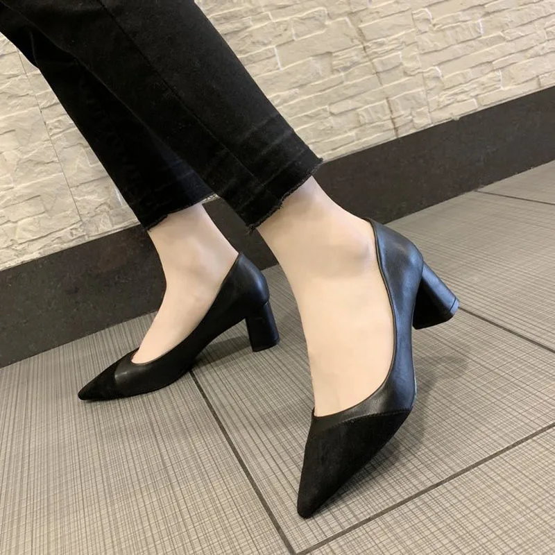 New Spring Autumn Classic Women Office Pumps Pointed Toe Patchwork Chunky Heels Work Shoes For Woman zapatos mujer WSH4898