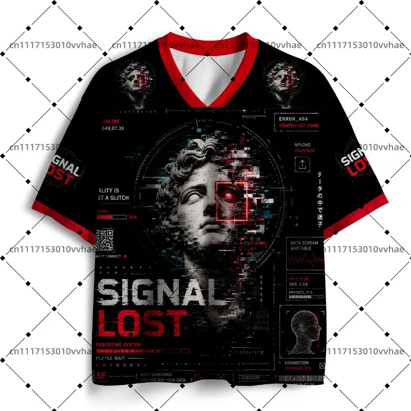 Soulisfree Signal Lost Mesh Jersey Design Digital Print V-Neck T-Shirt Comfortable Sports Short Sleeve
