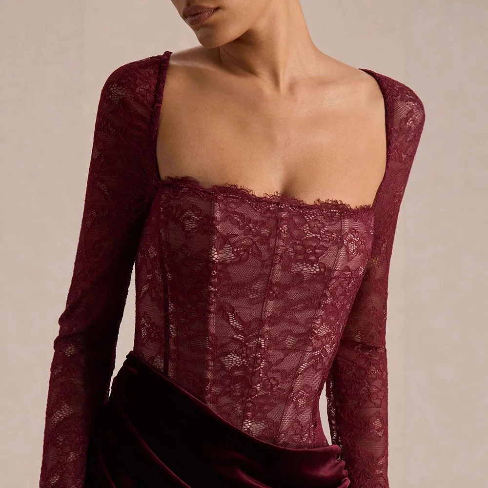 FL Spring Women's High Slit Evening Dress Long Skirt Sexy And Elegant Long-Sleeved Spliced Lace Pure And Seductive Dress 2026