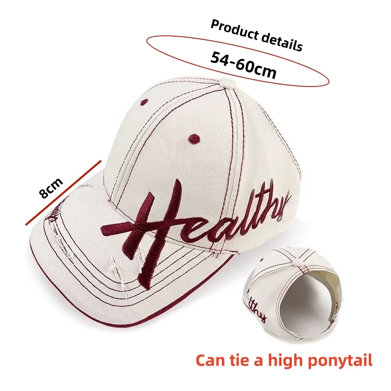 American Retro Style Distressed Embroidered Baseball Cap, with an Opening at the Back for a High Ponytail, Adjustable, Versatile for Commuting and Travel, Sun Protection, Suitable for Women in Summer, Perfect for Daily Use and Outings.